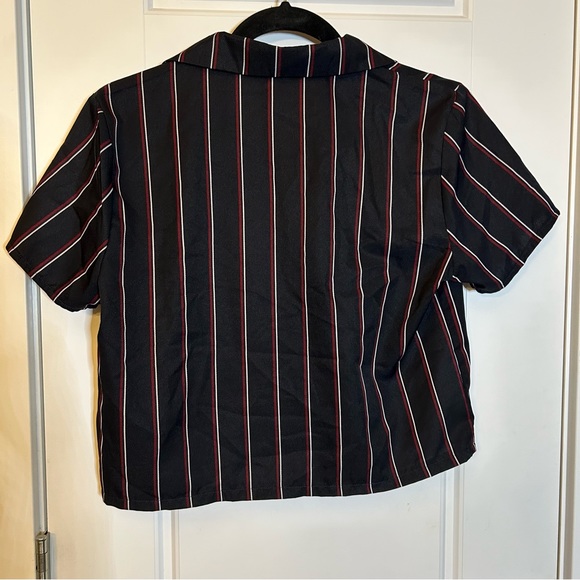 LOTTIE MOSS NAVY COLLARED BUTTON UP WITH RED AND WHITE STRIPES SIZE MEDIUM - Picture 7 of 14